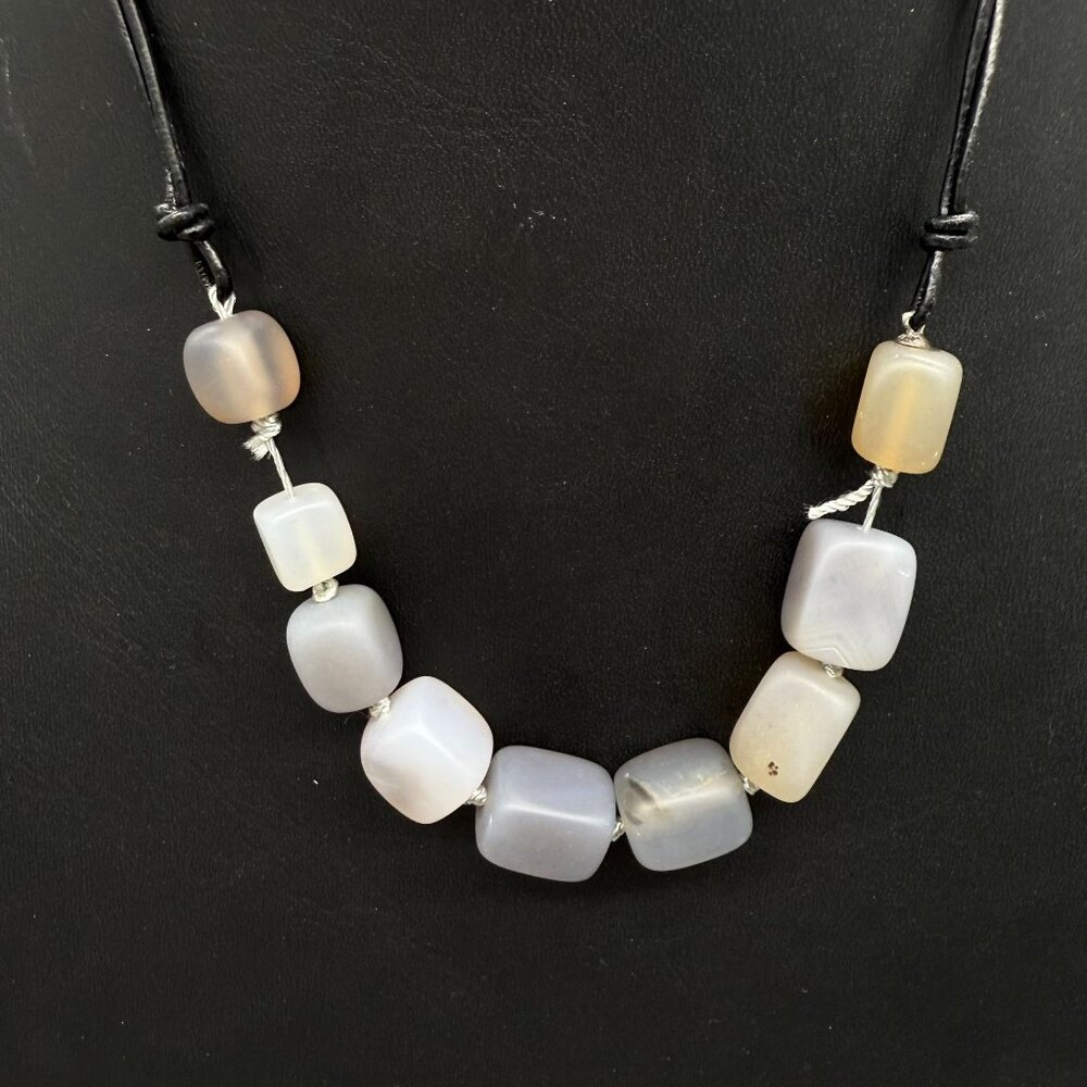 Handcrafted Natural Square Stone Beaded Black Leather Cord Choker Necklace